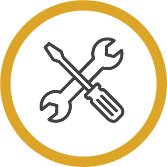 Tools icon: spanner and screwdriver in a yellow circle.